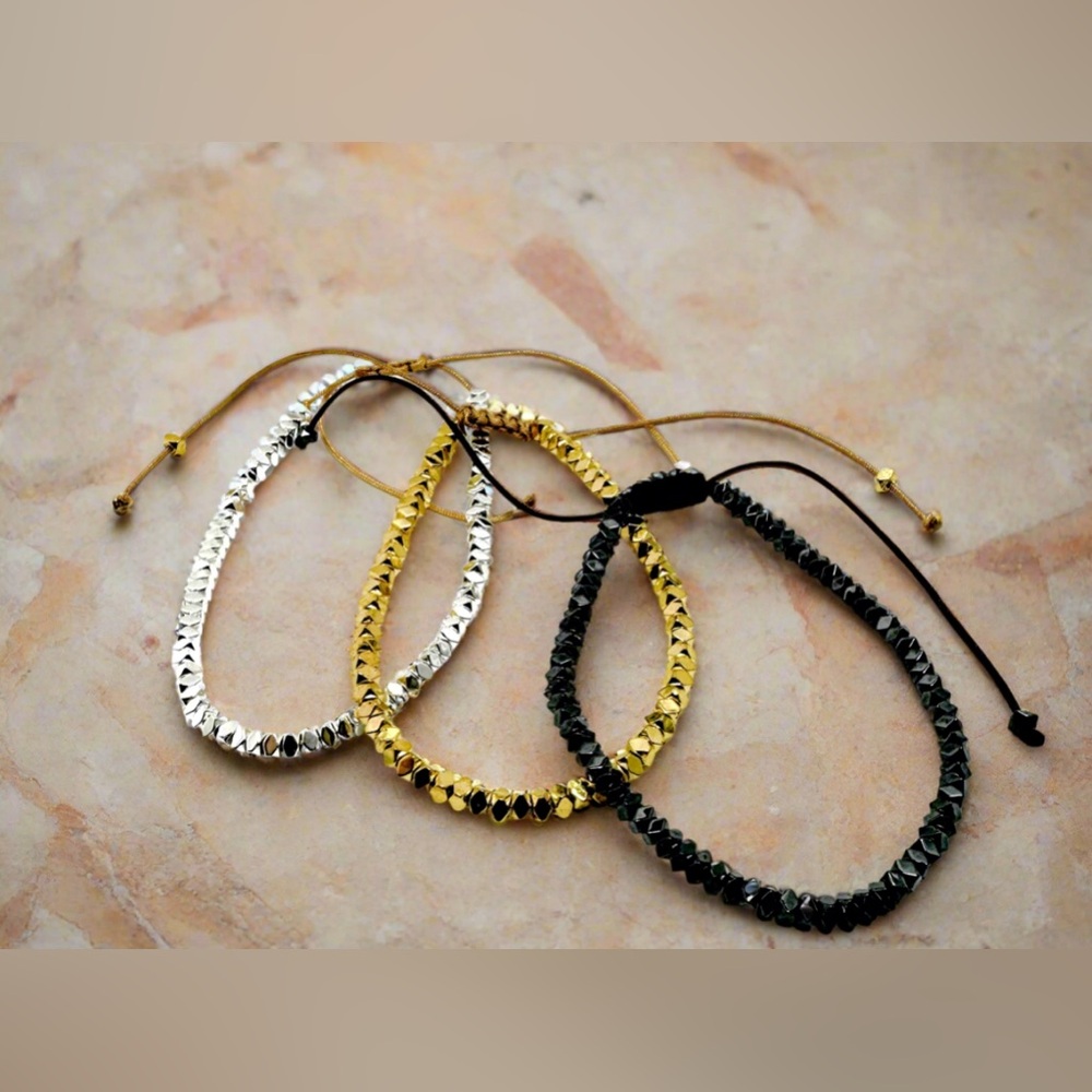 Handmade On Silk Cord Hematite, Gold, Silver Black Adjustable Bracelets NWOT